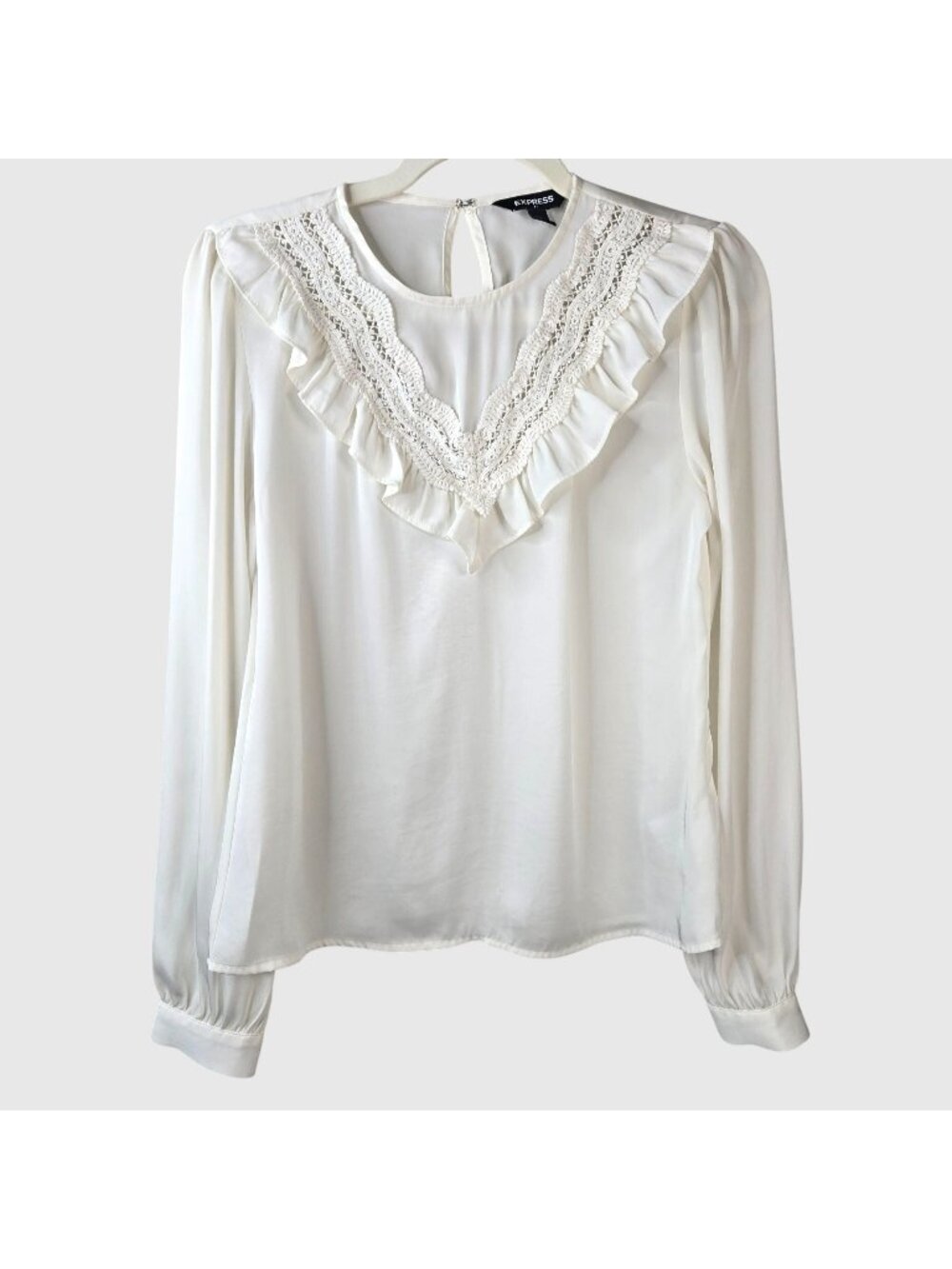 Express Victorian Blouse Top Sz XS Ivory Ruffle Preppy Reagan Long Sleeve Shirt